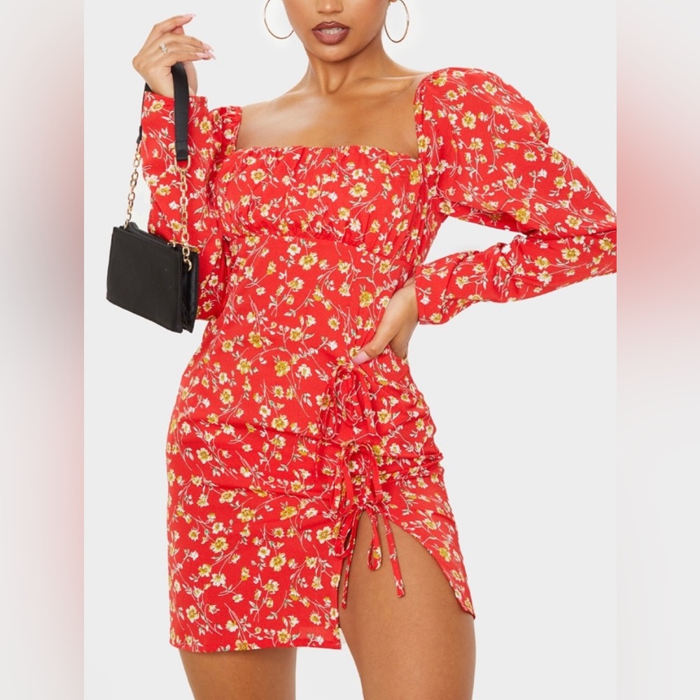 Pretty Little Thing Red Ditsy Floral Bow Detail Side Split Bodycon Dress